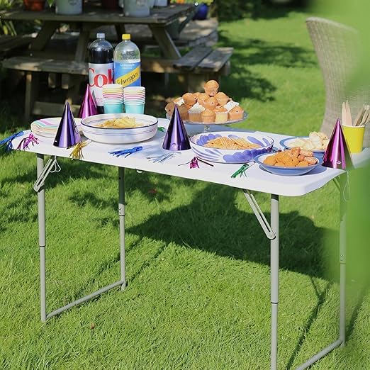 SKY-TOUCH Folding Lightweight Trestle Outdoor Camping Table,Heavy Duty Plastic Outdoor Folding Picnic Table,Folding Trestle Table For BBQ Party, Folds in Half with Carry Handle,White(152×70×74cm)