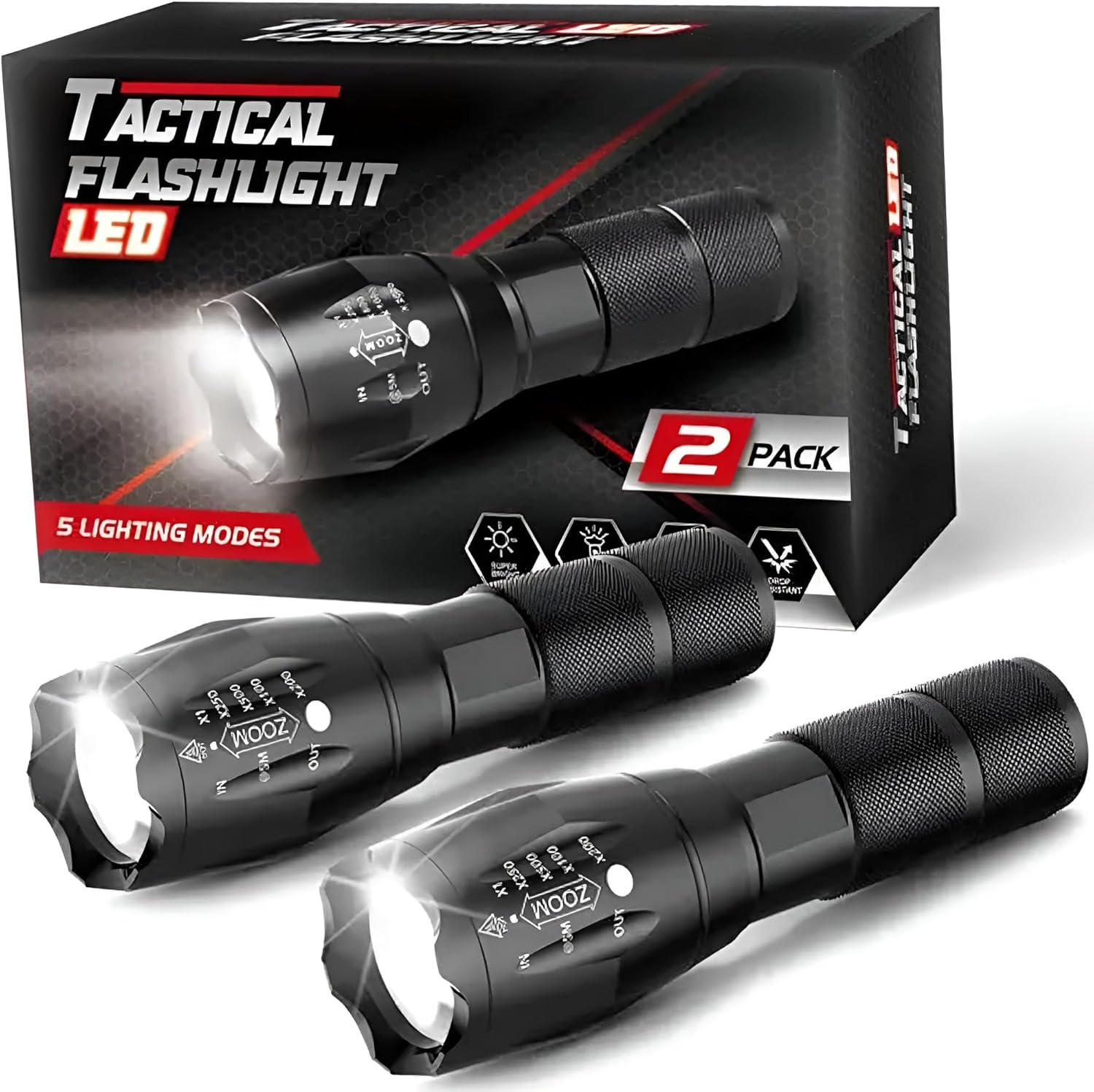ADAK (2Pack) Led Flashlight 5 Modes 2000 Lumens Tactical Flashlight, High Lumens Bright Waterproof Zoomable Flashlights for Camping, Emergencies