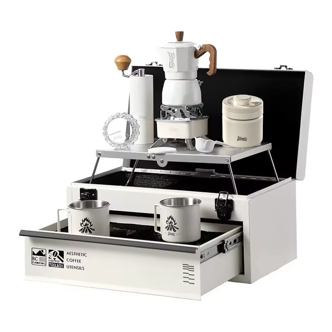 BINCOO 11-Piece Outdoor Coffee Set – Portable Double-Layer Aluminum Box for Espresso