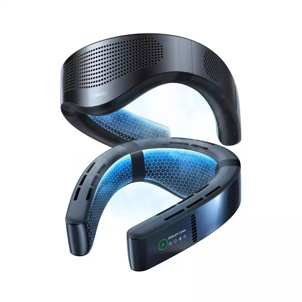 Torras COOLIFY 2S Neck Air Conditioner, Portable Personal Fan with 3-Speed Settings, Cools Up to 30°F in 1 Second, Heater Function, App-Controlled, Rechargeable, in Starry Black.