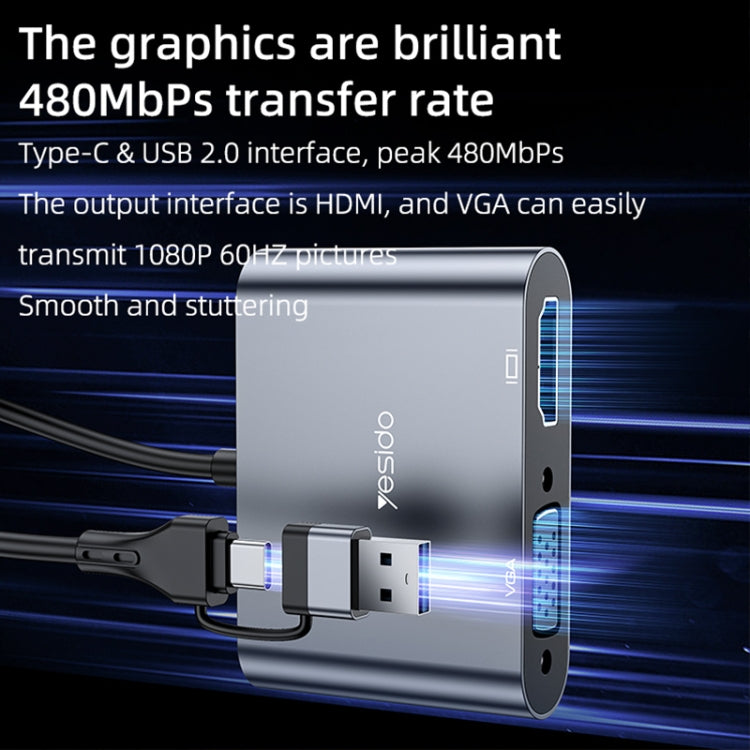 Yesido HM15 USB-C to HDMI & USB 2.0 Split Screen Adapter, 4K HDTV Converter for MacBook, iPad, Samsung, and More — Grey