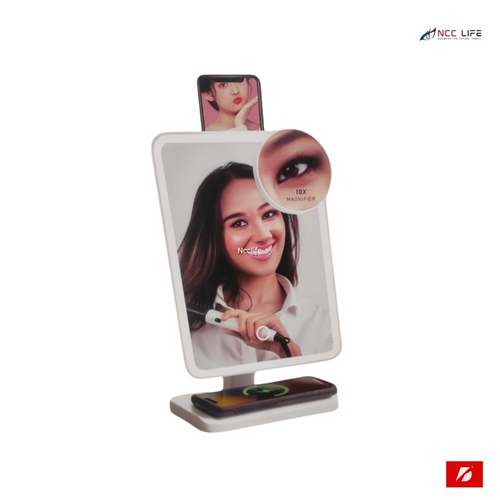 Wireless Express Glam Studio Vanity Mirror with Bluetooth Speaker and Phone Holder - White, LED Lighting, Hands-Free Calling, Wireless Charging