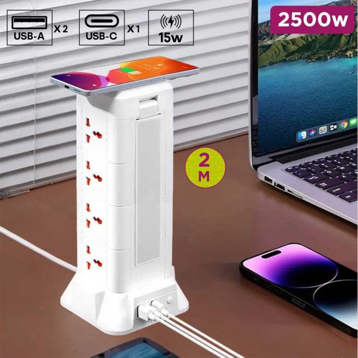 12 Sockets Power Extension 2500W 3 USB Ports with Wireless Charger and Flashlight