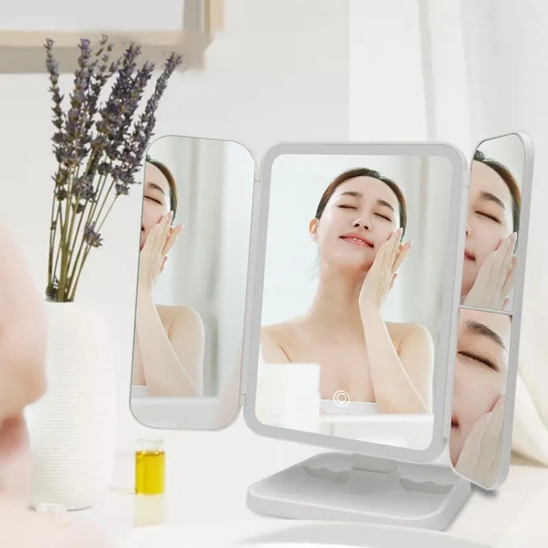 BROSANOS LED Trifold Vanity Makeup Mirror, 3 Color Changing Modes, USB Charging, Touch Control Design, 1X 2X 3X Magnification, Adjustable Rotating Mirror, White