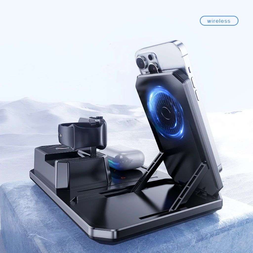 T50 5-in-1 Magnetic Wireless Charger Phone Watch Earphone Charging Stand with Clock & Speaker(White)