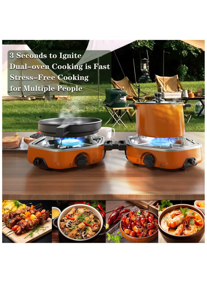 Foldable Camping Stove Portable Propane Camp Stove for Camping, Backpacking With 17,000 BTU 2 Adjustable Burners Piezo Ignition for Outdoor BBQ (Orange)