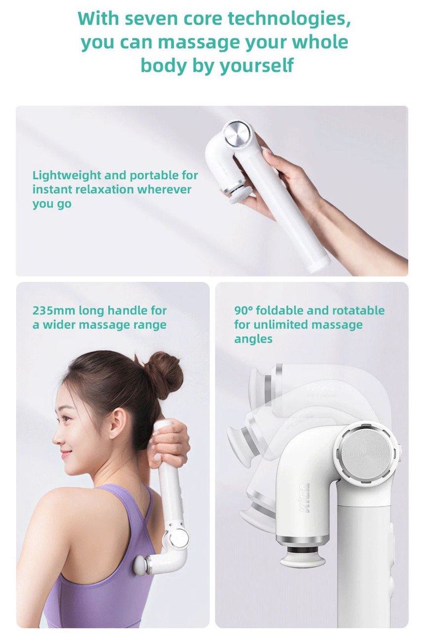 Kica EVO MINI Foldable Massage Gun, Portable Deep Tissue Muscle Massager with 3200RPM, Variable Speed, 5 Heads, 90° Foldable Rotation Angle, 235mm Extendable Handle