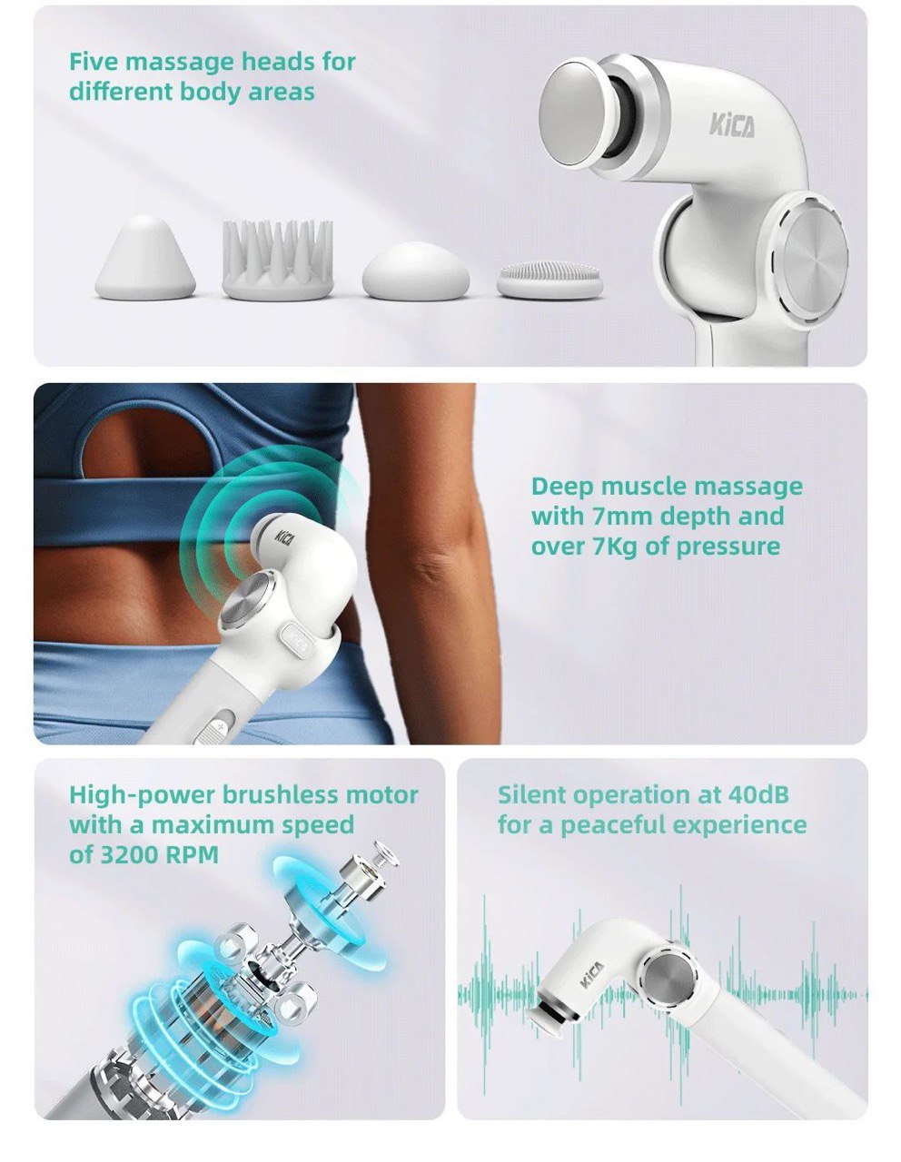 Kica EVO MINI Foldable Massage Gun, Portable Deep Tissue Muscle Massager with 3200RPM, Variable Speed, 5 Heads, 90° Foldable Rotation Angle, 235mm Extendable Handle