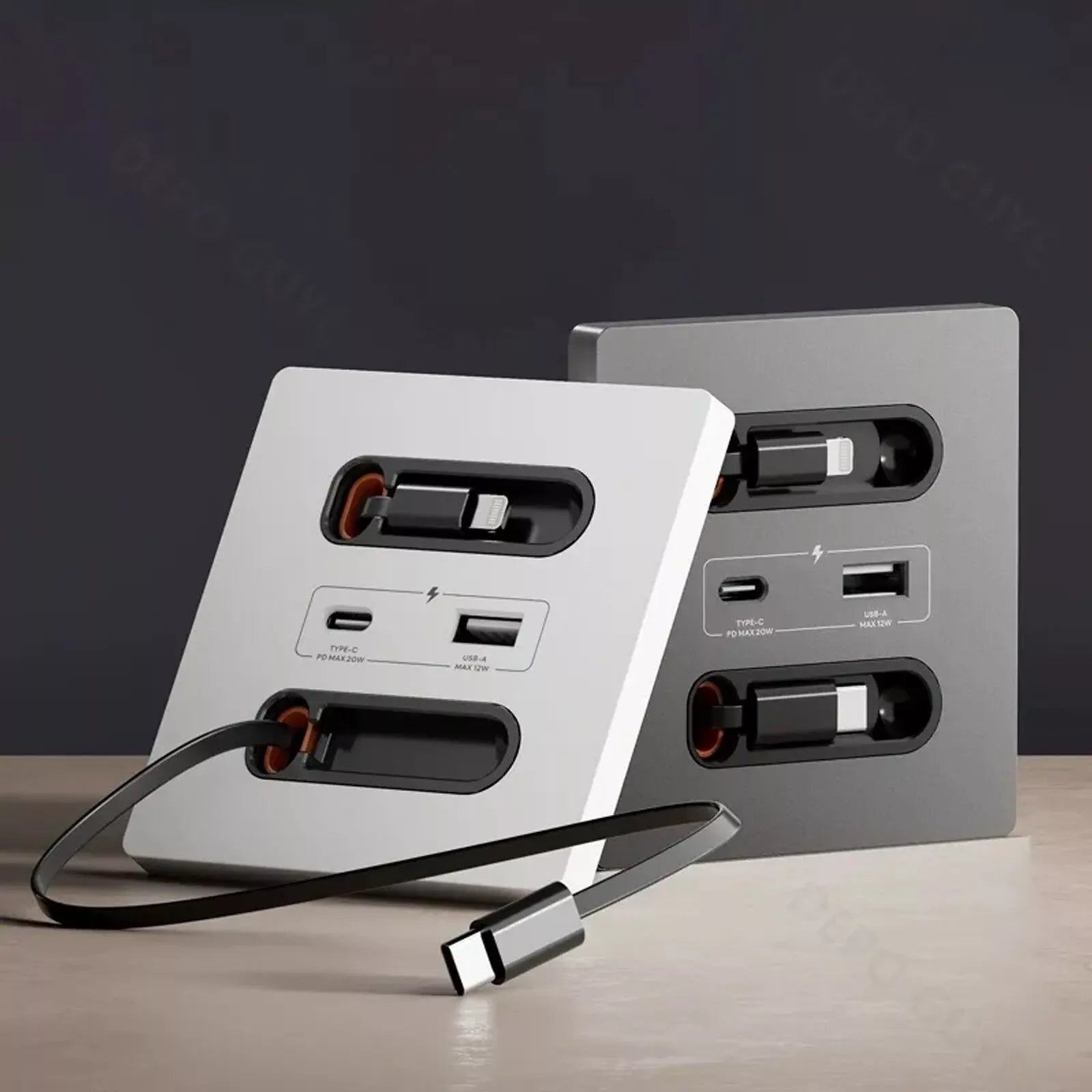 12W Universal Wall Panel Socket with USB-A USB-C Retractable Charging Cable , Mobile Phone Tablet Charging Type C Outlet