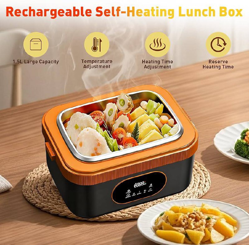 1.5L Smart Electric Heating Lunch Box - Cordless Rechargeable Food Warmer with 304 Stainless Steel Liner