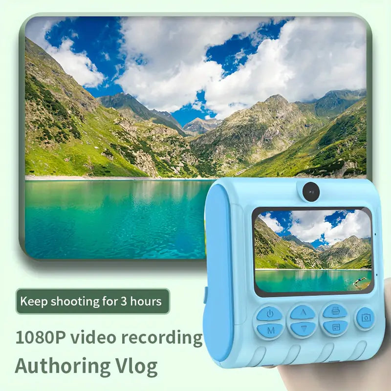 Instant Print Camera, Enhanced Selfie Camera, Digital Zero Ink Video Camera with 3 Rolls of Print Paper, 1000mAh Battery, Dual Lenses