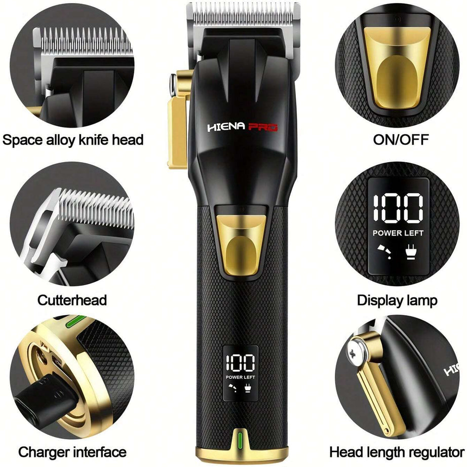 Hiena Pro Men's Hair Clipper Kit, Professional Cordless Charging Hair Clipper Kit for Men with LED Display, Gift for Men (Black and Gold Set)