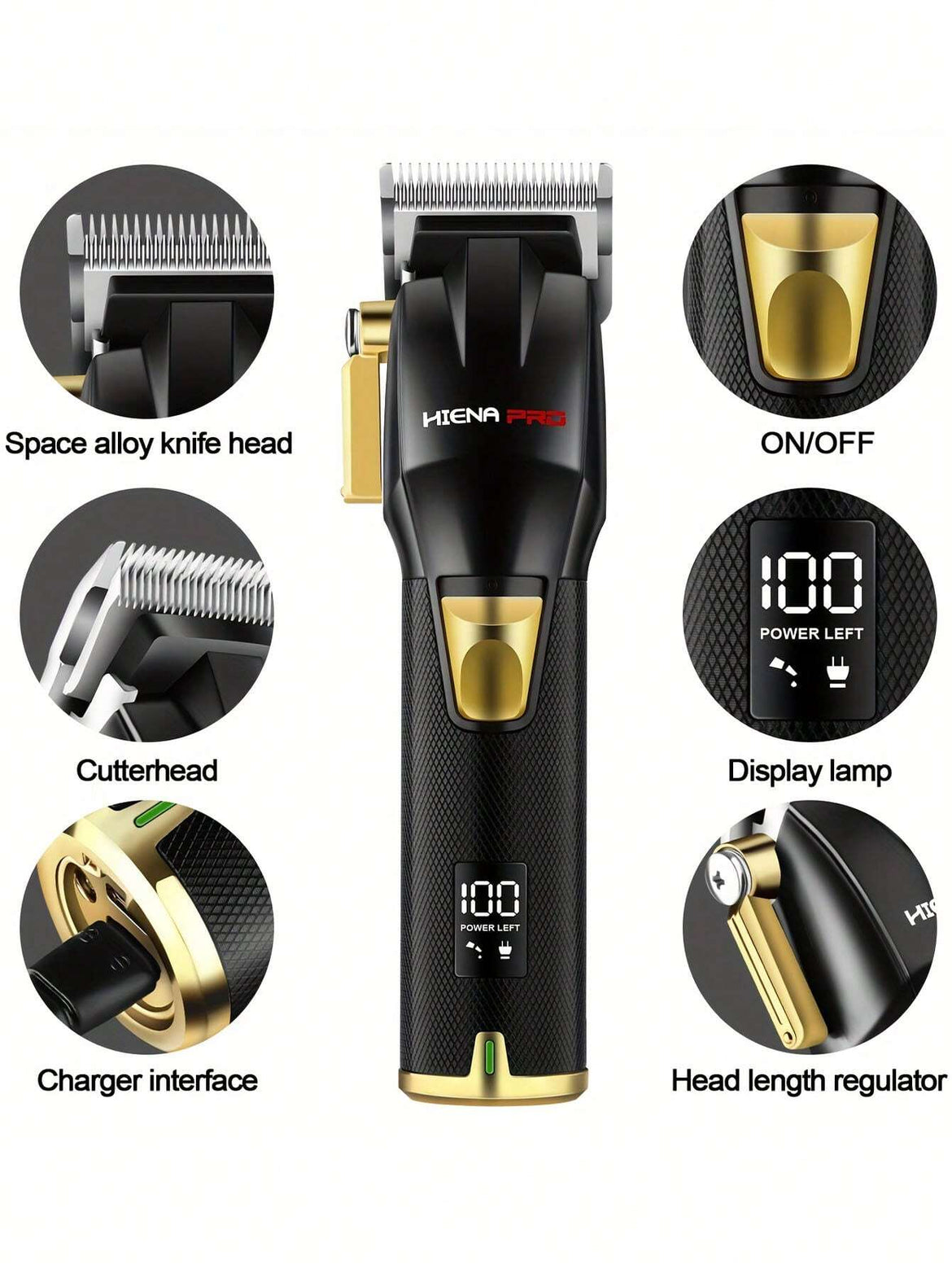Hiena Pro Men's Hair Clipper Kit, Professional Cordless Charging Hair Clipper Kit for Men with LED Display, Gift for Men (Black and Gold Set)