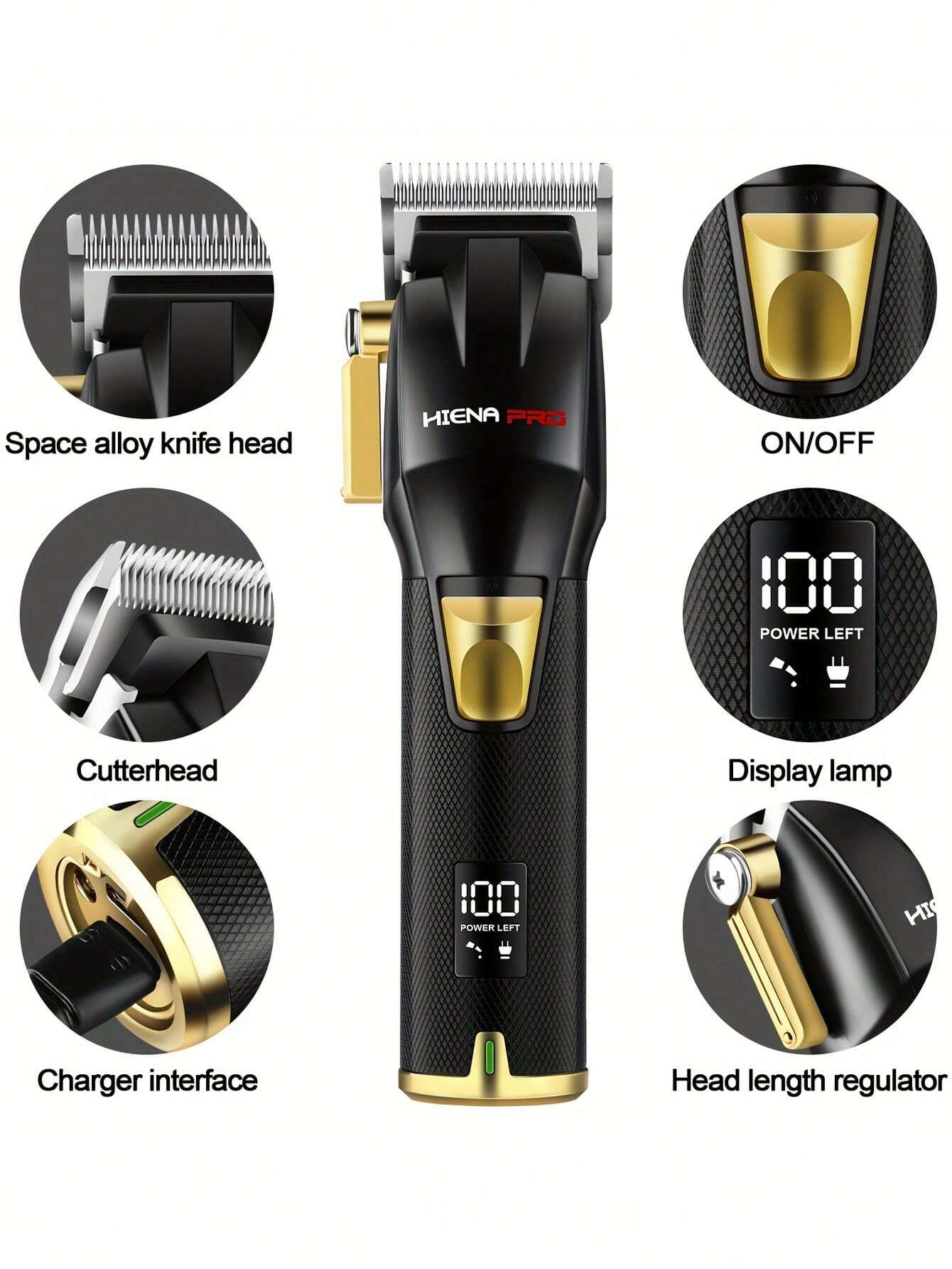 Hiena Pro Men's Hair Clipper Kit, Professional Cordless Charging Hair Clipper Kit for Men with LED Display, Gift for Men (Black and Gold Set)