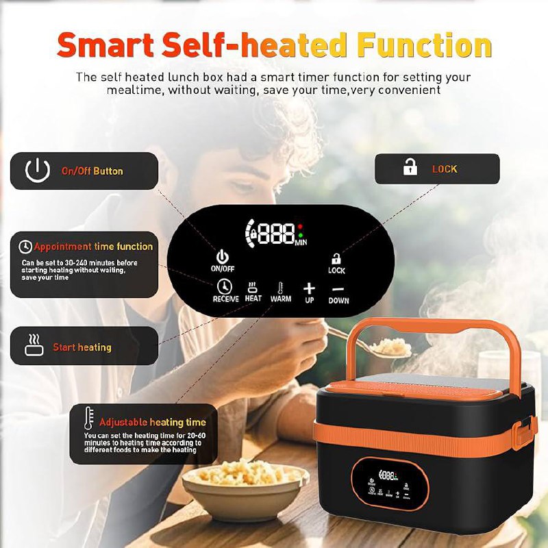 1.5L Smart Electric Heating Lunch Box - Cordless Rechargeable Food Warmer with 304 Stainless Steel Liner
