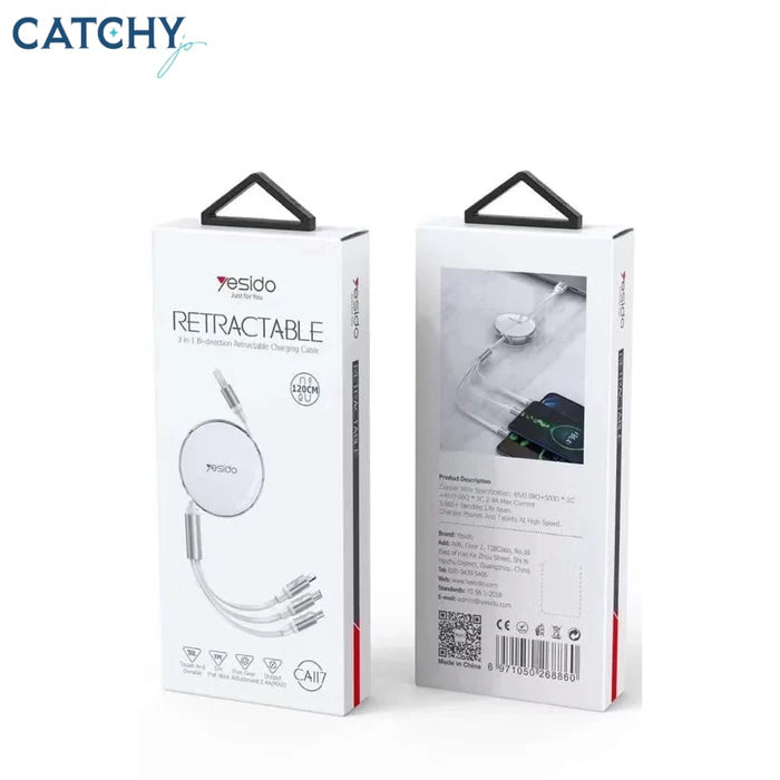 Yesido CA117 3-in-1 Retractable Charging Cable, Lightning, Micro, and Type-C Cable for iPhone, Android, and USB-C Devices