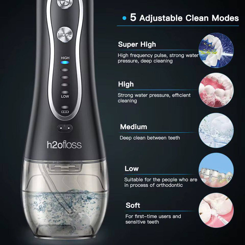 h2ofloss Professional Cordless Water Flosser – Teeth Cleaner with 300ml Tank, 5 Modes & 6 Versatile Tips