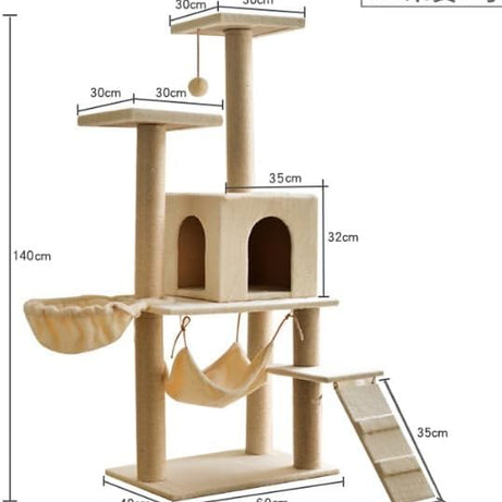 Adak Cat Tree Tower, Large 140CM, Scratching Post, Cat Condo,Hammock, Sisal Posts, Crafted with plush wooden houses, Indoor Cat house (Grey)