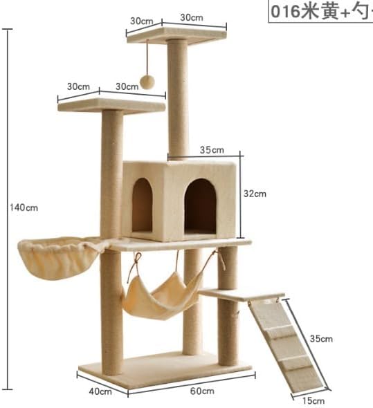 Adak Cat Tree Tower, Large 140CM, Scratching Post, Cat Condo,Hammock, Sisal Posts, Crafted with plush wooden houses, Indoor Cat house (Grey)