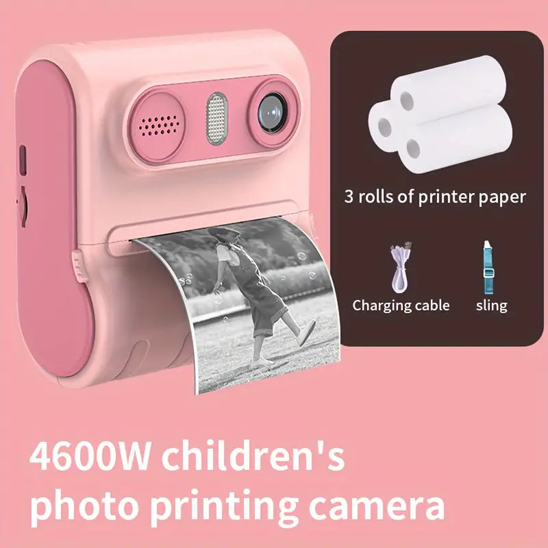 Instant Print Camera, Enhanced Selfie Camera, Digital Zero Ink Video Camera with 3 Rolls of Print Paper, 1000mAh Battery, Dual Lenses