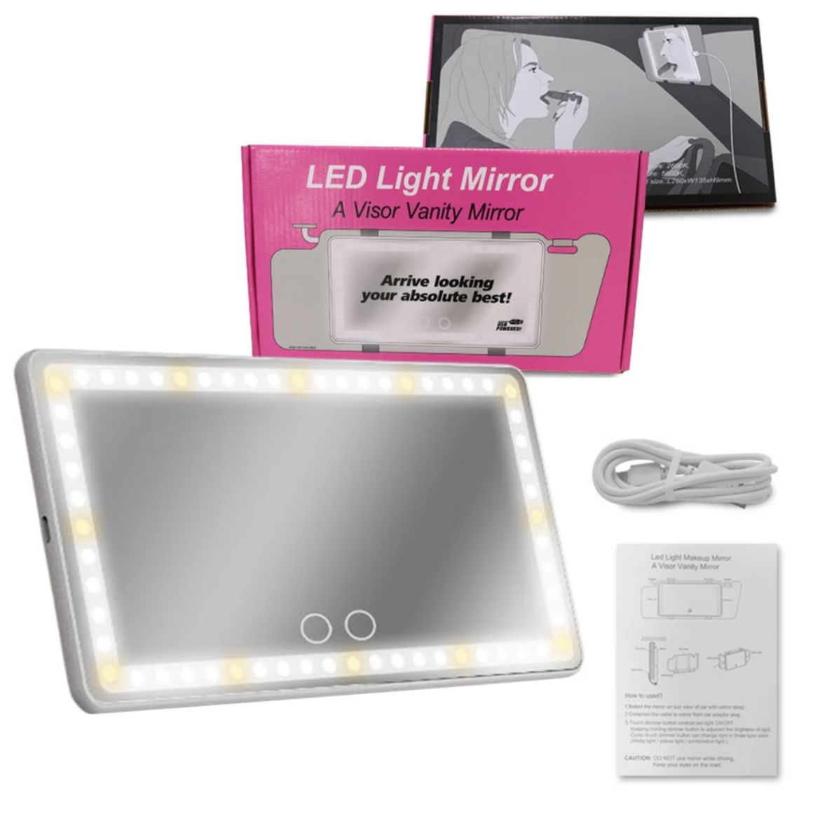 Car Vanity Mirror with LED Light — Rechargeable Auto Makeup Mirror for On-the-Go Touch-Ups