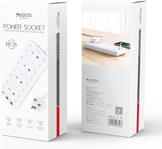 YESIDO MC-16 Power Socket - 8 AC Ports with PD & QC Fast Charging USB Ports, 2 Meter, 3250W Capacity