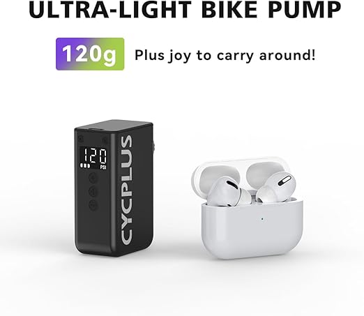 CYCPLUS Tiny Pump Mini Bike Tire Pump with Gauge, Max 120 PSI Electric Bicycle Air Pump, Auto Stop, with Presta and Schrader Valve for E-Bike, AS2PRO
