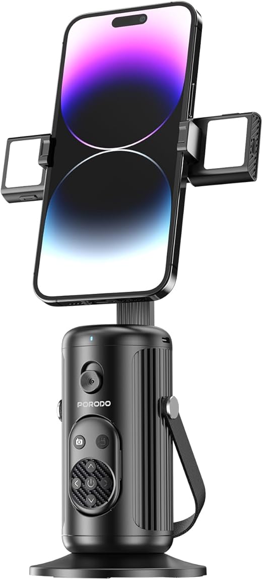 Porodo Face Tracking Smart Mount, 1800mAh Battery Capacity, Type-C Charging Port, Detachable Fill Light, Gesture Control, Wireless Shutter, 3.5H Recharge Time - Black