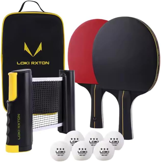 Table Tennis Racket Set for Two Player, LOKI Rxton Series, 175cm Extendable Net, Six Balls (Three Star), Double Layer Zipper Bag for Intermediate and Advanced Levels.