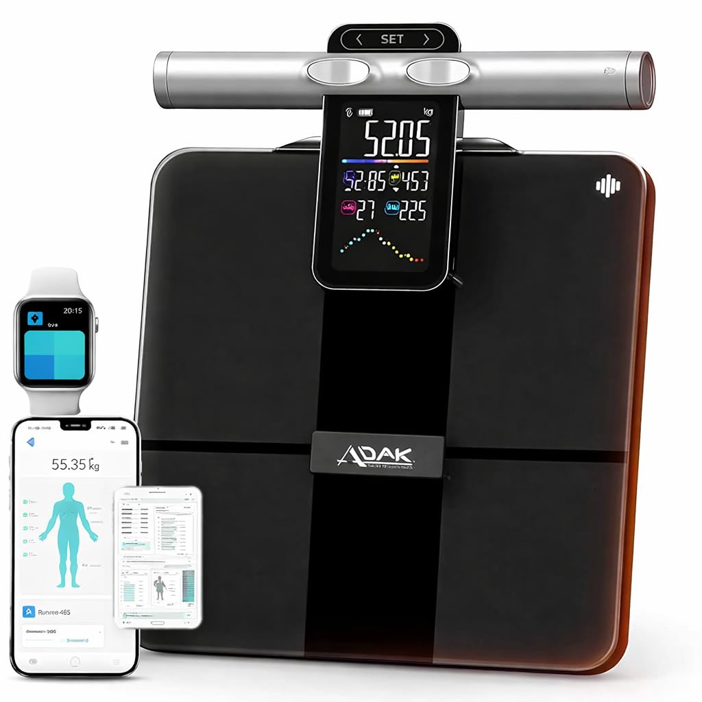 ADAK 8-Electrode Smart Body Fat Scale 2 PRO, Black, Glass, 30x30x2.7cm, Digital Bathroom Scale with BMI, 29 Body Composition Analyzer, Large LCD Display, Bluetooth App Sync, 400 lbs Capacity