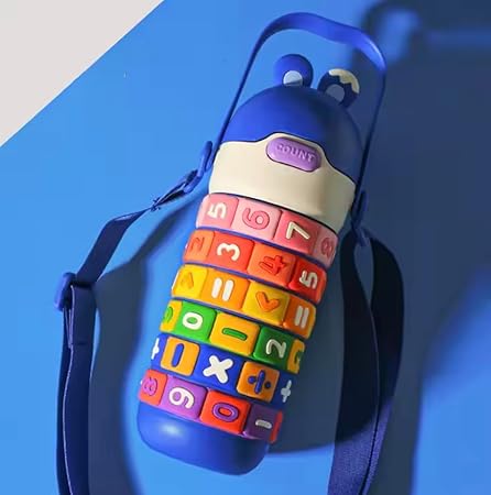 Kids Premium 14 oz Math Water Bottle with Silicone Spout, Leak-Proof Locking Flip Lid, Carrying Strap, Educational, Fun, Learning, Puzzle, Insulated, Stainless Steel Thermos, Sensory, Fidget