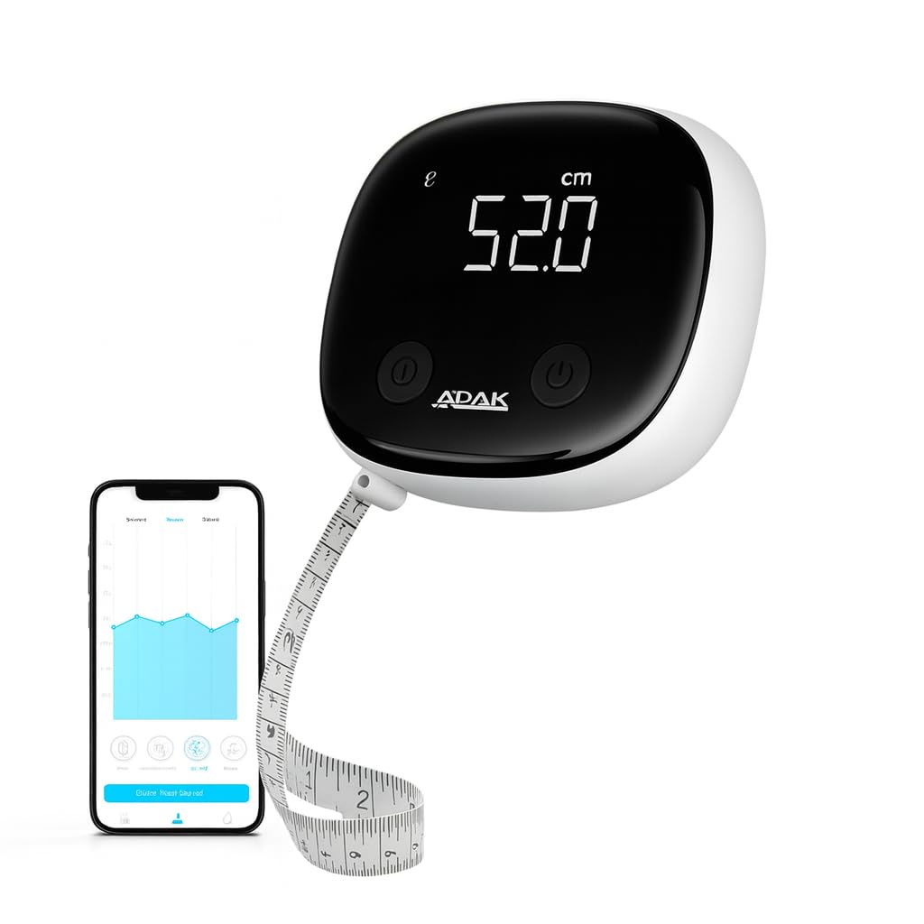 ADAK Smart Digital Body Measuring Tape with LED Display, White, Bluetooth Enabled, 60in Body Tape Measure, Type-C Rechargeable, Body Measuring Tape for Weight Loss, Retracable