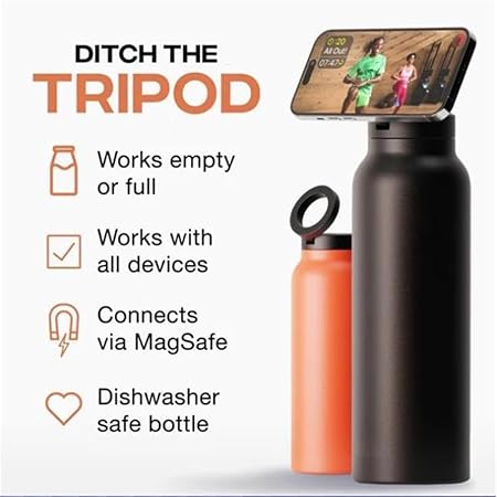 Azonee Insulated Water Bottle Compatible Magnetic Phone Holder, Stainless Steel 24oz Bottle with Mount Keeps Drinks Hot 12H Cold 24H 360° Rotate, Black