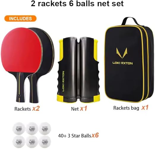 Table Tennis Racket Set for Two Player, LOKI Rxton Series, 175cm Extendable Net, Six Balls (Three Star), Double Layer Zipper Bag for Intermediate and Advanced Levels.