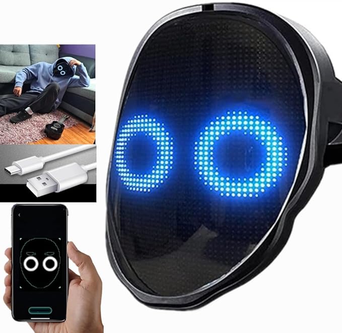 ADAK APP Controlled Rechargeable LED Face Mask - Bluetooth Light Up Mask with Gesture Sensing, Programmable for Halloween, Christmas, Cosplay