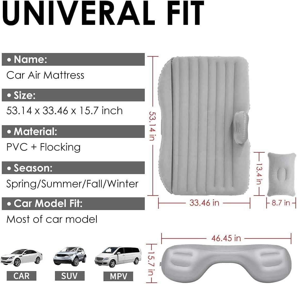 QUEES B03 Inflatable Car Air Bed with Electric Pump and Pillows - Portable Back Seat Mattress