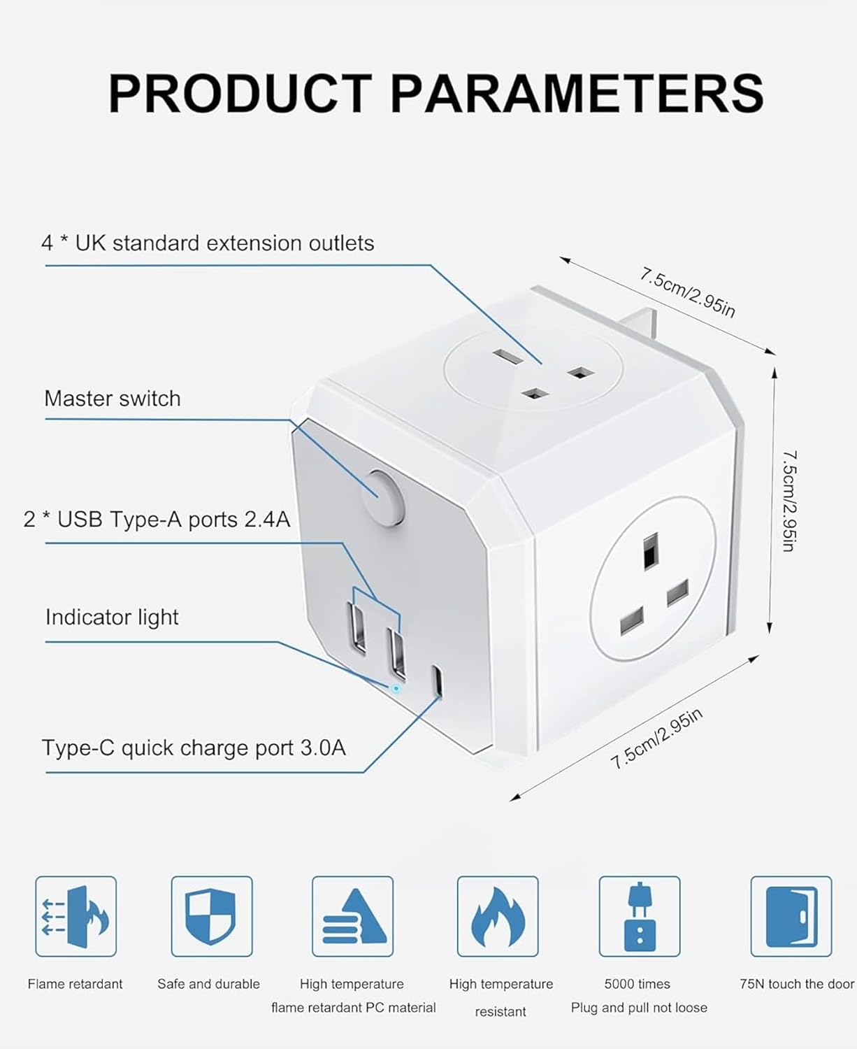 ADAK Universal Travel Plug Adapter with USB-Type-C, 4 Way Power Strip, 2 USB Ports, Multi Socket Plug Adapter for AU/UK/EU/US
