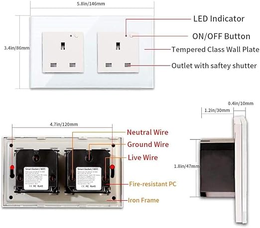 ADAK WiFi Smart Wall Socket Outlet Glass Panel Remote Control Works with Amazon Alexa/Google Home (White, Double Socket)