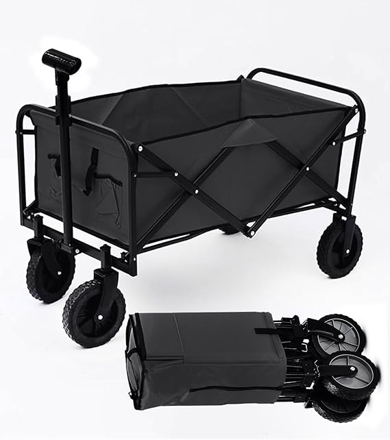 ADAK Collapsible Folding Wagon- Heavy Duty Utility Cart with 360° Rotating 4'' Wheels,150KG Load Capacity, Design for Camping, Beach, and Shopping- Durable Alloy, PVC,and Iron (Black) (FWT-2501B)