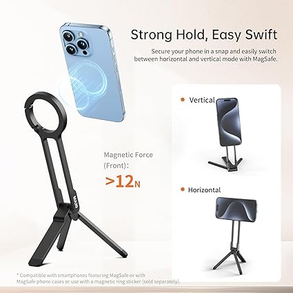 ULANZI MA30 Magnetic Phone Stand iPhone Aluminium Mini Tripod Foldable Pockets Mobile Phone Stand Double-Sided Magnet Quick Mount Compatible iPhone 16 15 14 13 12 Magsafe 12N Magnetic Tripod