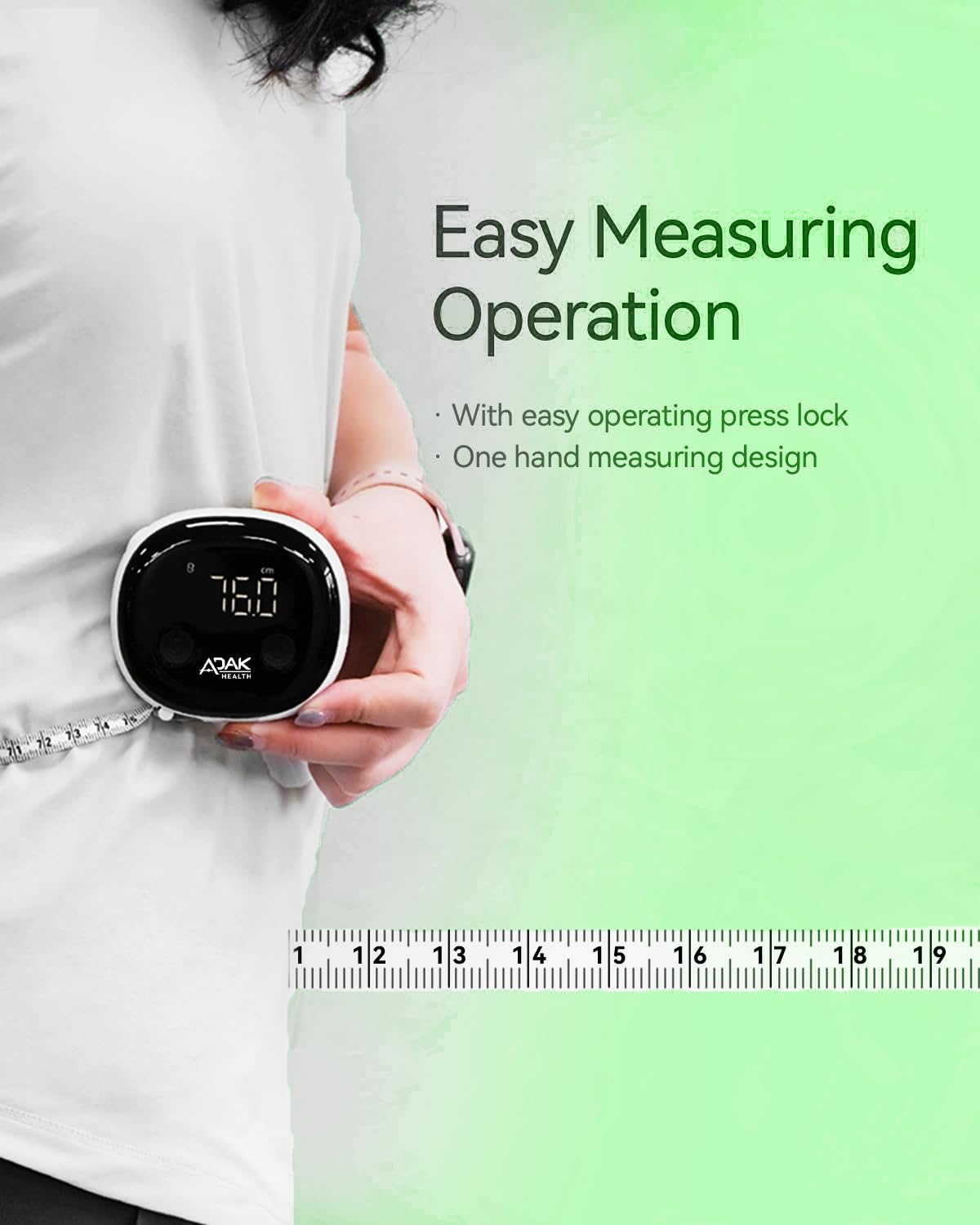 ADAK Smart Digital Body Measuring Tape with LED Display, White, Bluetooth Enabled, 60in Body Tape Measure, Type-C Rechargeable, Body Measuring Tape for Weight Loss, Retracable