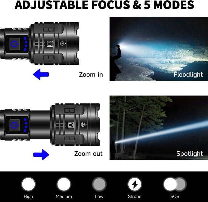 Rechargeable Flashlights High Lumens, 990000LM Powerful Tactical Flashlights, 5 Modes LED Flashlight Adjustable, Brightest Flashlight Waterproof, Handheld Flash Light for Emergencies, Camping, Hiking