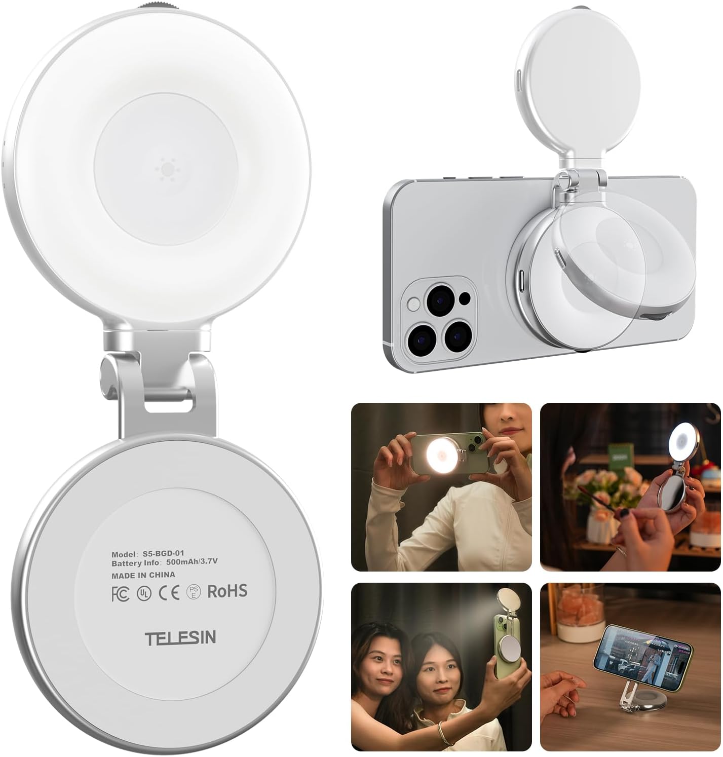 TELESIN Magnetic Selfie Light, Phone Light Compatible with iPhone Magsafe, CRI97 360° LED Selfie Ring Fill Light with Mirror for Selfies/Photography/TikTok/Zoom Calls/Video Conference