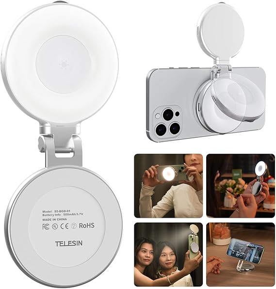 TELESIN° Magnetic Selfie Light with Mirror, 360° LED Fill Light for iPhone Magsafe & Non-Magsafe Phones, 3 Color, Height Adjustable