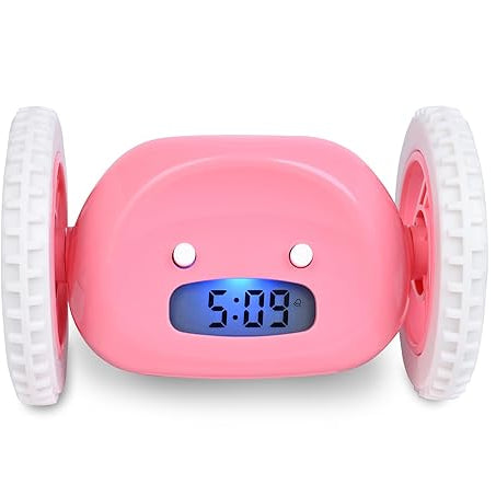 Everhype Running Away Alarm Clock | Wheelie | Jumping | Loud | Rolling | Dancing | Moving Clock (Pink)