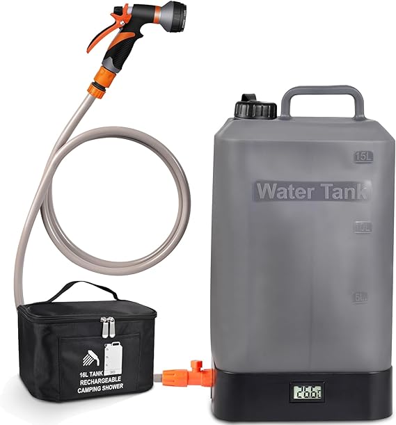 AZXJC 4.5 gallon/16L Silicone Water Tank,Portable Outdoor Shower,Electric Shower,8 Types of Multifunctional Shower Heads,Using Solar Heating Temperature Display,Suitable for Camping,Beach,and Hiking