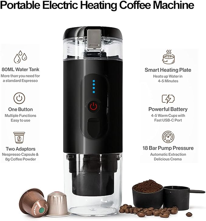 ADAK MiniSpresso Electric Portable Espresso Maker - Built-in Battery, 18-Bar Pressure, Fully Automatic One-Click Coffee Machine for Hot and Cold Brew