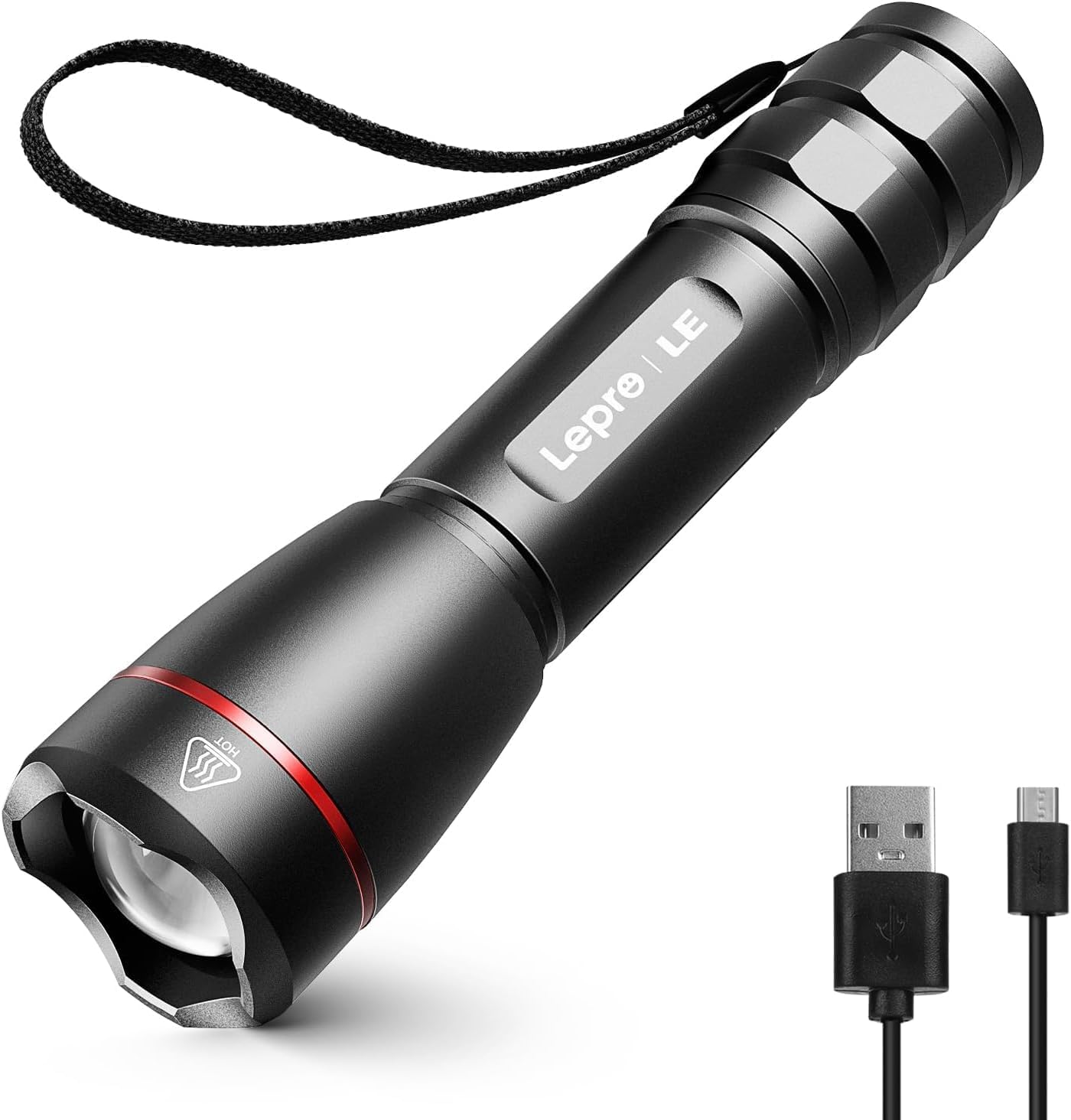 Lepro LED Flashlight Rechargeable, Bright 1000lm Torch Light USB Rechargeable, Tactical Flashlight with 5 Lighting Modes, Zoomable, Long-lasting Bright, Waterproof, Torch for Camping, Outdoors