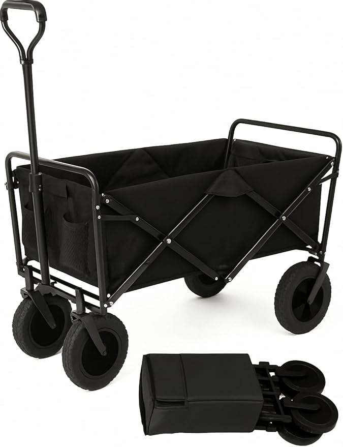 ADAK Collapsible Folding Wagon- Heavy Duty Utility Cart with 360° Rotating 4'' Wheels,150KG Load Capacity, Design for Camping, Beach, and Shopping- Durable Alloy, PVC,and Iron (Black) (FWT-2501B)