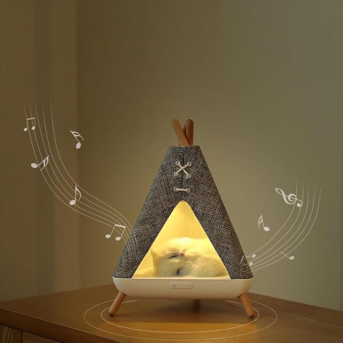 Cute Cat Night Light, USB-Charging Bedroom Light with Speaker, LED Bluetooth Night Lamp in a Little Pet House Design